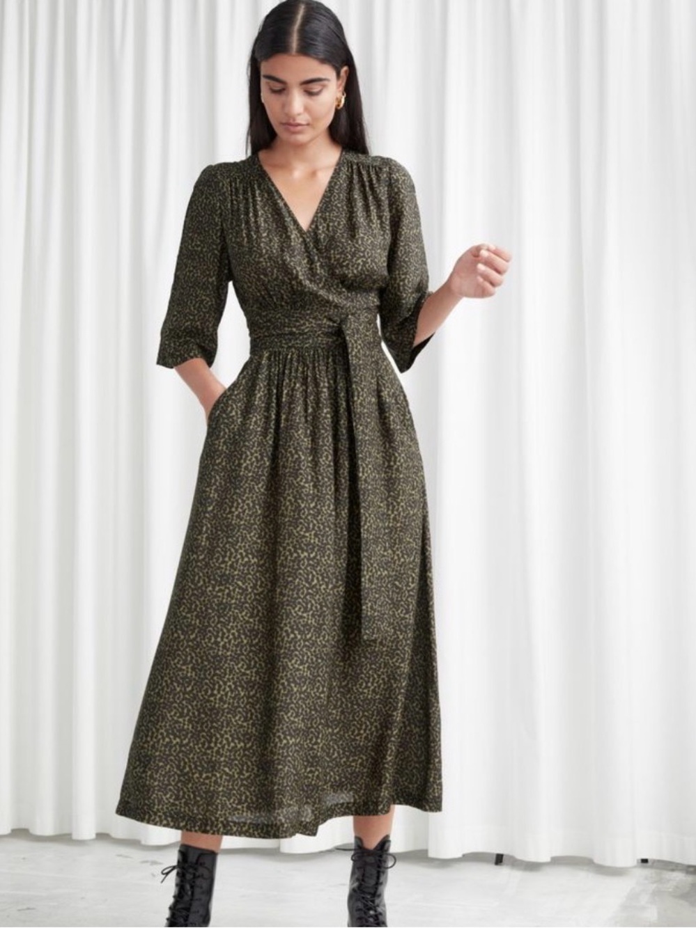 The Other Stories Women's Olive Green Faux Wrap Midi Dress with Tie Waist Size 8